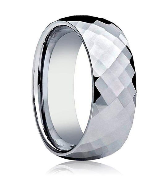 Tungsten Wedding Ring Shiny Polished Faceted Center Domed 6mm, 8mm Tungsten Carbide Mens & Womens Band