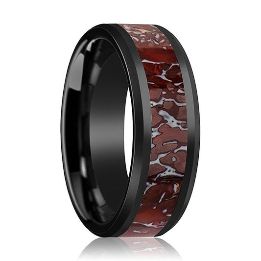REXXY Ceramic Wedding Band with Red Dinosaur Bone Inlay