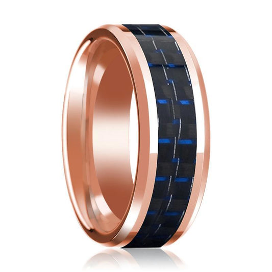 Mens Wedding Ring 14K Rose Gold with Blue & Black Carbon Fiber Inlay Beveled Edge Polished Band