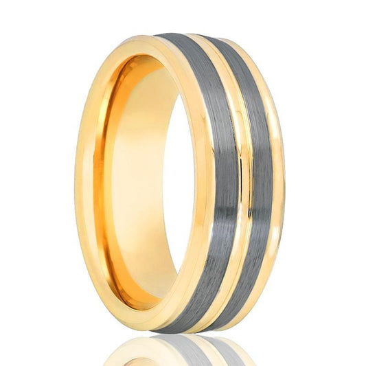 Gold Tungsten Wedding Ring Double Pinstripe Brushed 8mm Mens Tungsten Wedding Band