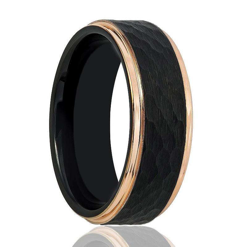 Black and Rose Gold Hammered Tungsten Men's Wedding Band