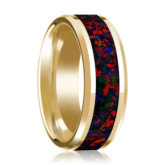 Mens Wedding Band 14K Yellow Gold Inlaid with Black and Red Opal Polished Design Beveled Edge