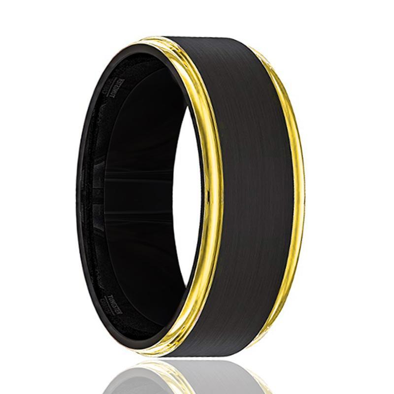 Tungsten Wedding Band Black Brushed Tungsten Yellow Gold Stepped Edges