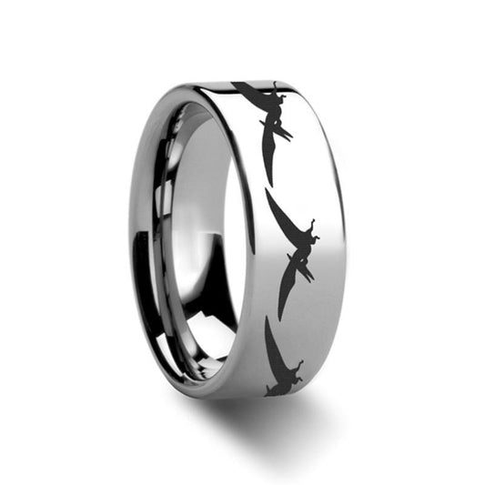 Dinosaur Teradactyl Laser Engraved On Tungsten Carbide Ring - AydinsJewelry