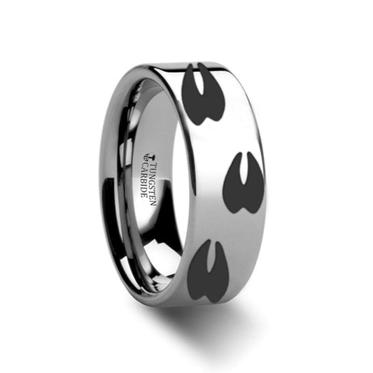 Animal Design Ring - Deer Print -  Laser Engraved - Flat Tungsten Ring - 4mm - 6mm - 8mm - 10mm - 12mm - AydinsJewelry