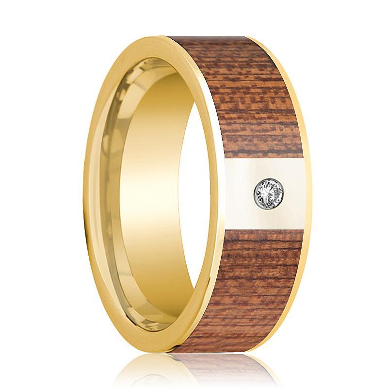 Mens Wedding Ring Polished 14k Yellow Gold Flat Wedding Band with Cherry Wood Inlay & Diamond - 8mm - AydinsJewelry