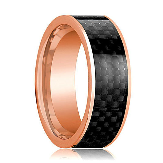 Mens Wedding Band 14K Rose Gold with Black Carbon Fiber Inlay Flat Polished Design