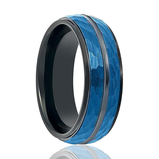 Tungsten Mens Wedding Band Black w/ Blue Hammered Center Black Groove 8mm Tungsten Carbide Ring