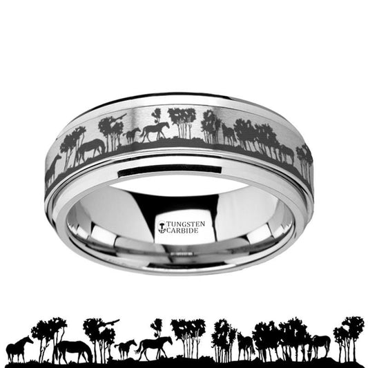 Animal Landscape Scene - Wild Horse - Spinning Tungsten Ring - Spinner Laser Engraved - Tungsten Carbide Wedding Band - 8mm - AydinsJewelry