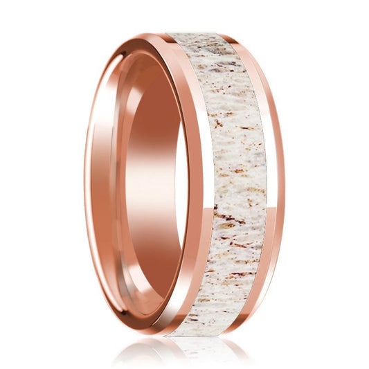 14K Rose Gold Wedding Ring with White Deer Antler Inlay Beveled Edge and Polished - AydinsJewelry