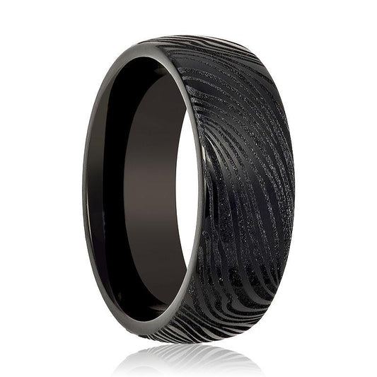 Tungsten Mens Ring Black Laser Carved Mokume Gane Effect Tungsten Carbide Wedding Band