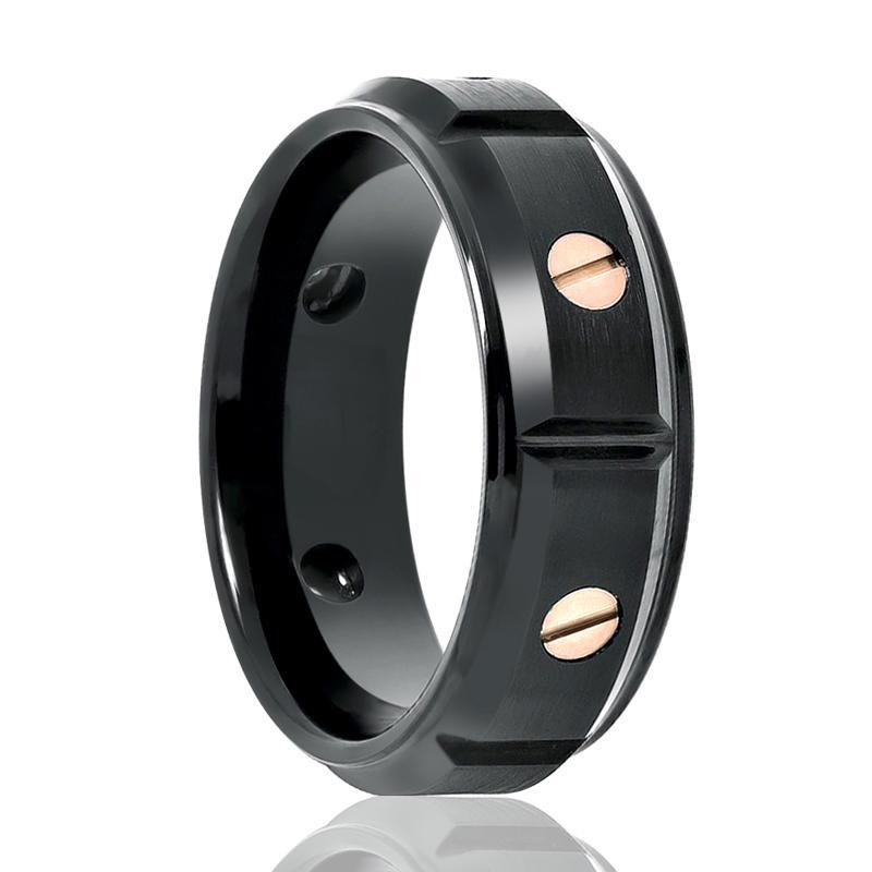 Tungsten Ring Black w/ Rose Gold Screw Accents Stepped Edge Wedding Band 8mm Tungsten Carbide Wedding Ring
