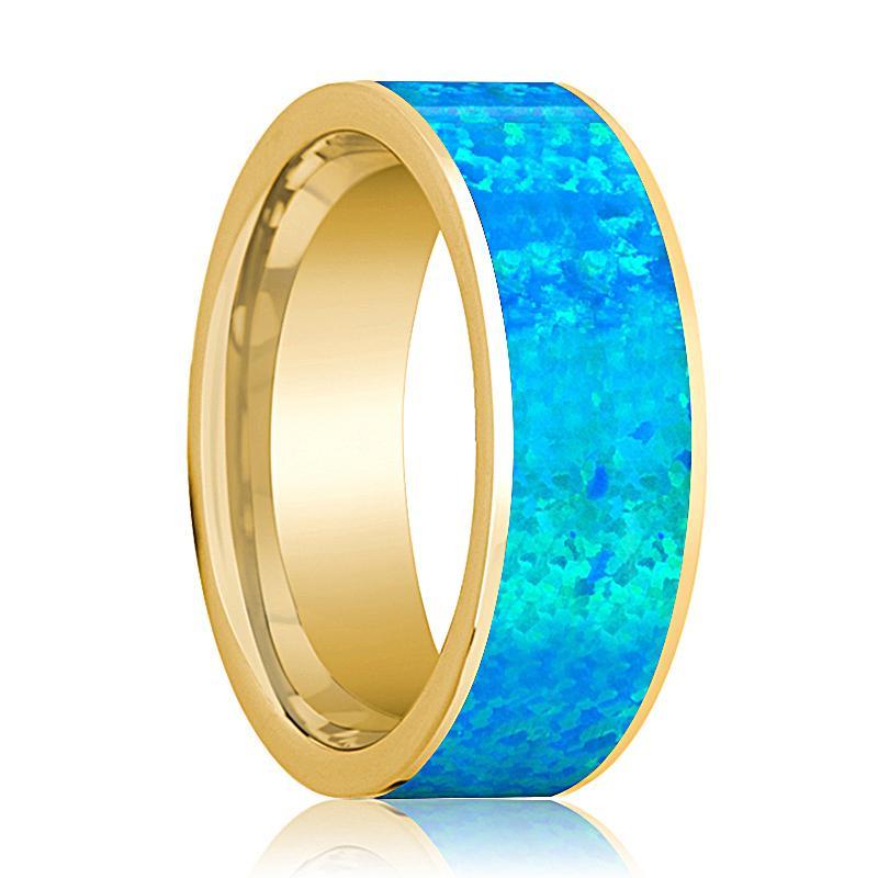 Mens Wedding Band 14K Yellow Gold with Blue Opal Inlay Flat Polished Design - AydinsJewelry