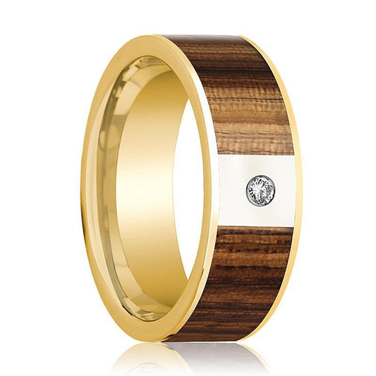 Mens Wedding Ring 14K Yellow Gold Polished Wedding Band with Zebra Wood Inlay & White Diamond Setting - 8mm - AydinsJewelry