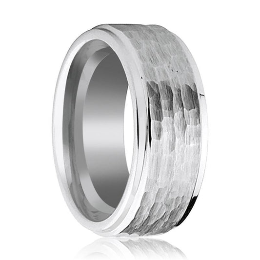 Tungsten Carbide Wedding Band Stepped Edge 9mm Hammered Center Tungsten Mens Ring