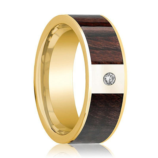 Mens Wedding Band 14k Yellow Gold & Bubinga Wood Inlaid Polished Finish with Diamond- 8mm - AydinsJewelry