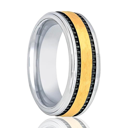 Tungsten Wedding Band Gold Hammered Center w/ Two Black Stripes 8mm Tungsten Carbide Ring