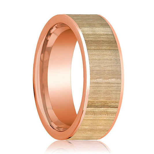 Mens Wedding Band Polished Flat 14k Rose Gold Wedding Ring with Ash Wood Inlay - 8mm - AydinsJewelry