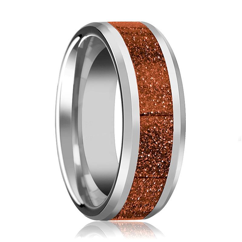 Tungsten Orange Goldstone Inlay - Tungsten Wedding Band - Beveled - Polished Finish - 8mm - Tungsten Wedding Ring - AydinsJewelry