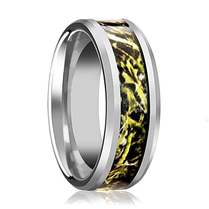 Tungsten Camo Ring - Green Marsh Camo - Tungsten Wedding Band - Beveled - Polished Finish - 8mm - Tungsten Wedding Ring