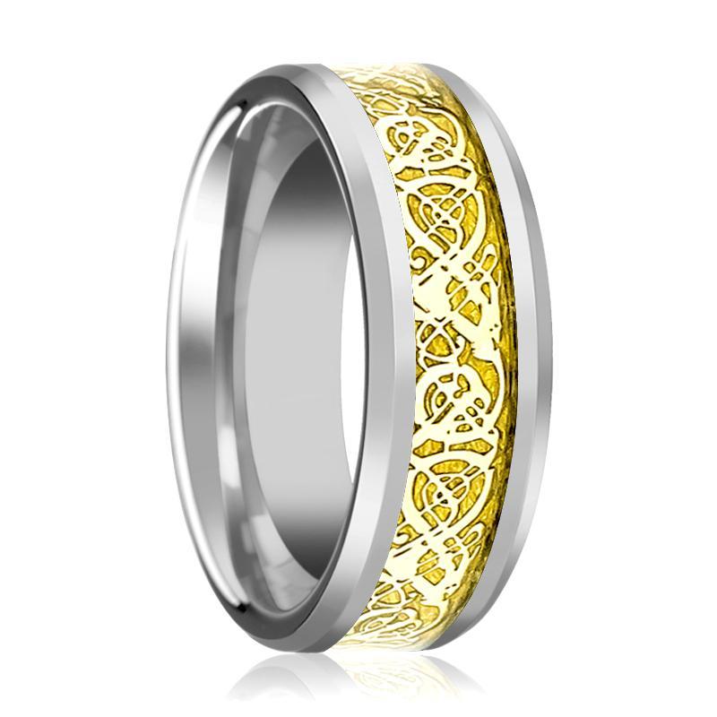 Tungsten Wedding Band Polished w/ Gold Celtic Dragon Inlay 8mm Tungsten Carbide Ring