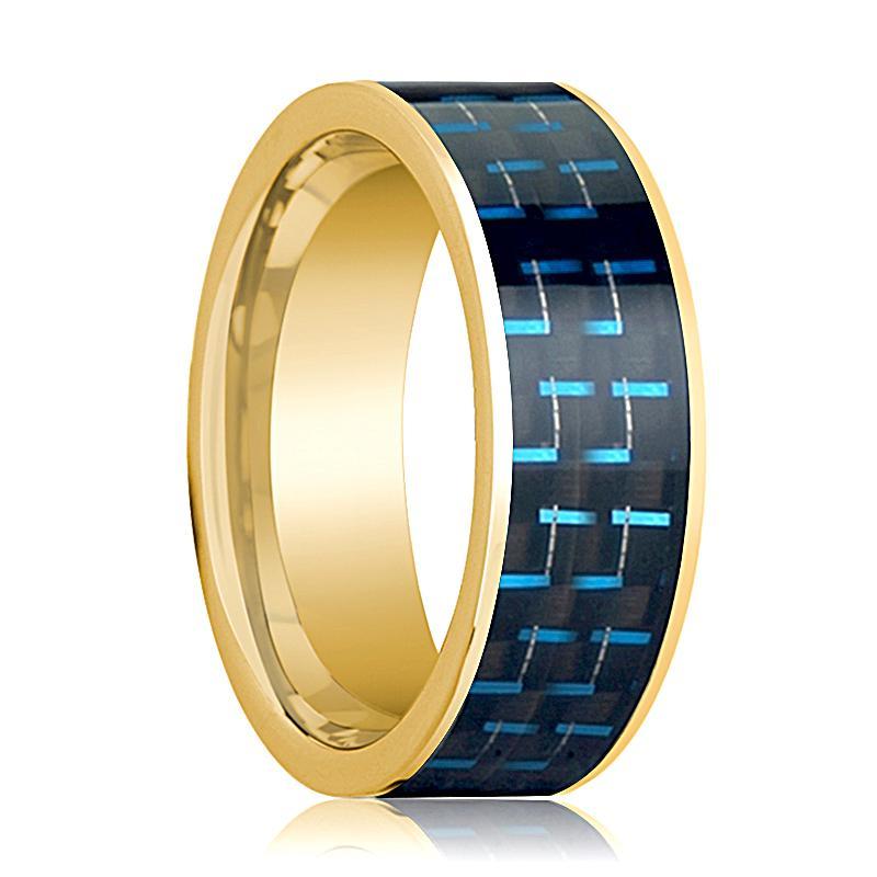 Mens Wedding Band 14K Yellow Gold with Black & Blue Carbon Fiber Inlay Flat Polished Design