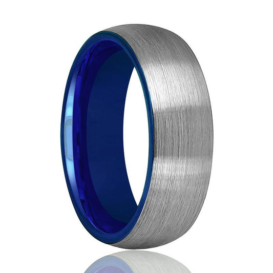 LIAM Blue Round Domed Brushed Tungsten Carbide Wedding Ring