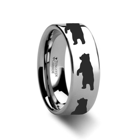 Animal Design Ring - Standing Bear Print -  Laser Engraved - Flat Tungsten Ring - 4mm - 6mm - 8mm - 10mm - 12mm - AydinsJewelry