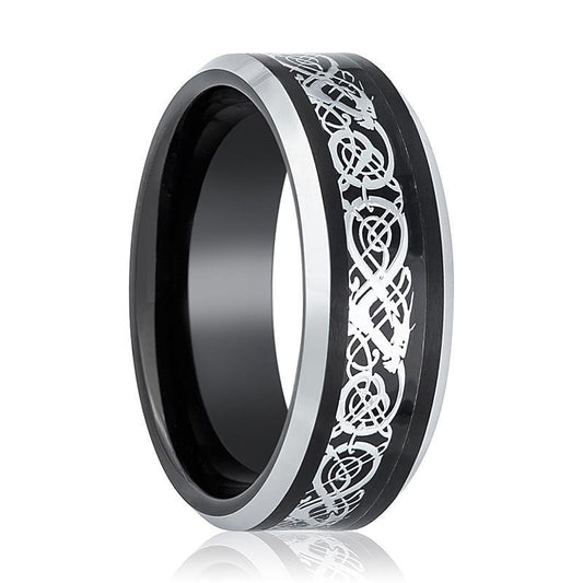 Black Tungsten Wedding Band Polished w/ Silver Celtic Design Cutout Inlay