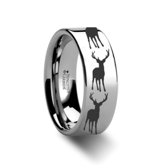 Animal Design Ring - Stag Fawn Deer Elk Print -  Laser Engraved - Flat Tungsten Ring - 4mm - 6mm - 8mm - 10mm - 12mm - AydinsJewelry