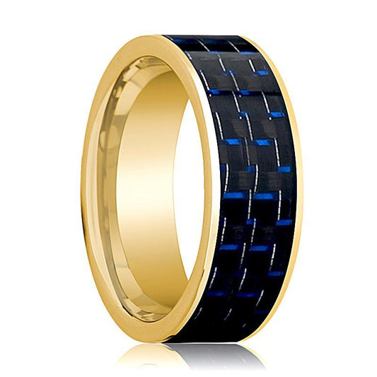 Mens Wedding Band 14K Yellow Gold with Blue & Black Carbon Fiber Inlay Flat Polished Design