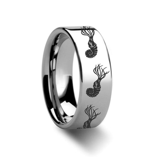 Ammonite Ring Engraved Tungsten Carbide Ring - AydinsJewelry