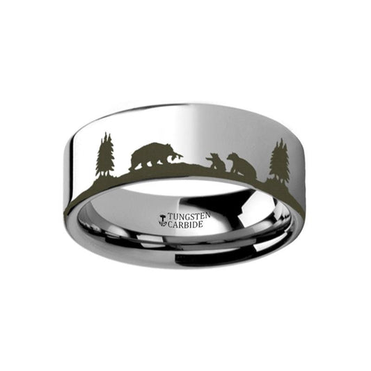 Animal Landscape Scene - Bears - Bear Cubs Ring - Laser Engraved - Flat Tungsten Ring - 4mm - 6mm - 8mm - 10mm - 12mm - AydinsJewelry