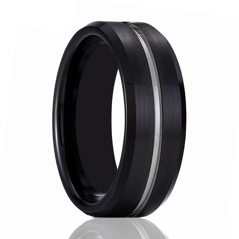 BEAST Silver Groove Tungsten Wedding Band Black Brushed