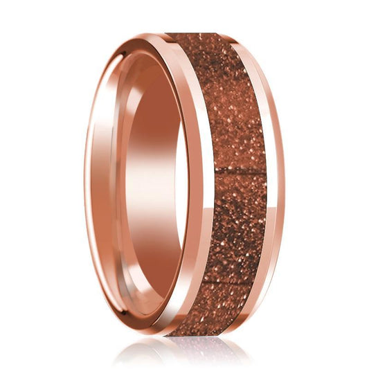 14K Rose Gold Wedding Band with Orange Goldstone Inlay Beveled Edge Polished Design - AydinsJewelry