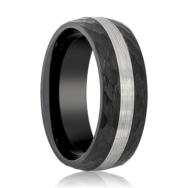 Tungsten Ring Black Hammered Domed w/ Silver Brushed Stripe Center Wedding Band 8mm Tungsten Carbide Wedding Ring