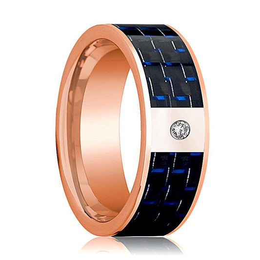 Mens Wedding Band 14K Rose Gold and Diamond with Blue & Black Carbon Fiber Inlay Flat Polished Design