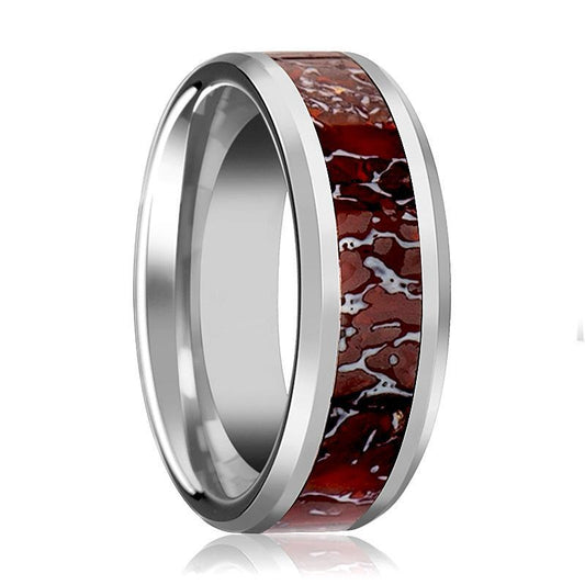 ZAHRAX Tungsten Wedding Band with Red Dinosaur Bone Inlay