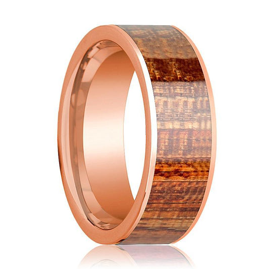 Mens Wedding Band Polished Flat 14k Rose Gold Wedding Ring with Mahogany Wood Inlaid - 8mm - AydinsJewelry