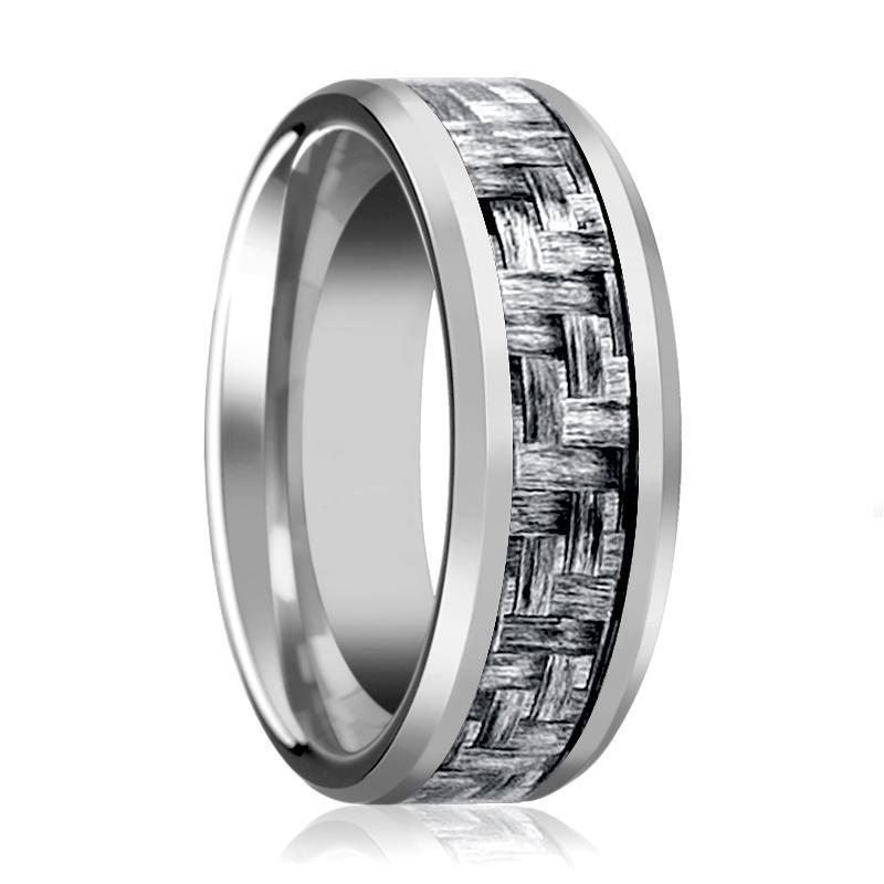 Mens Tungsten Wedding Band w/ Grey Carbon Fiber Inlay Beveled Edges 8mm Tungsten Carbide Ring
