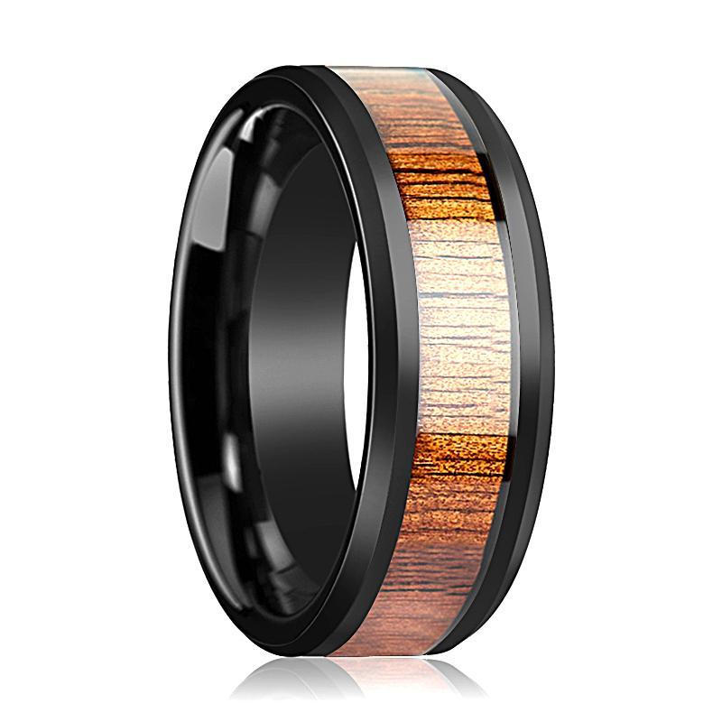 Mens Wooden Ring Koa Wood Inlay Ceramic Wedding Band Beveled Polished Finish Ceramic Wedding Ring