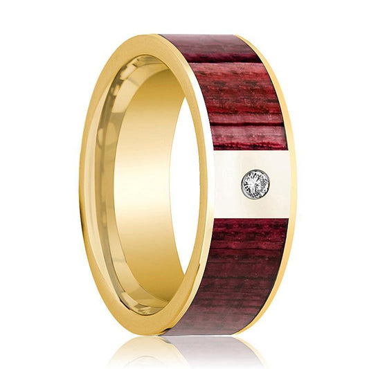 Mens Wedding Band Polished 14k Yellow Gold Men’s Wedding Ring with Purpleheart Wood Inlay & Diamond - 8mm - AydinsJewelry