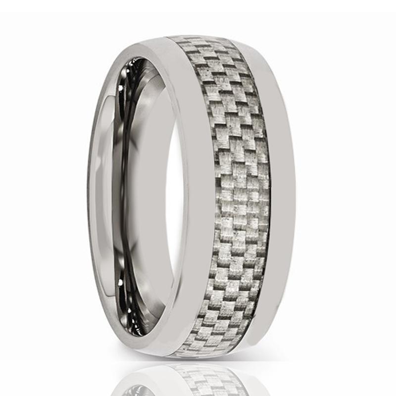 Mens Tungsten Wedding Band w/ White Carbon Fiber Inlay Domed 8mm Tungsten Carbide Ring