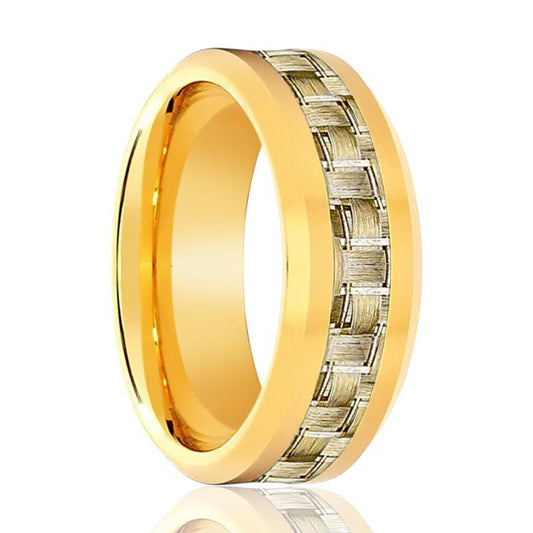 Gold Tungsten Ring High Polished Wedding Band w/ Gold Carbon Fiber Inlay 8mm Tungsten Carbide Wedding Ring