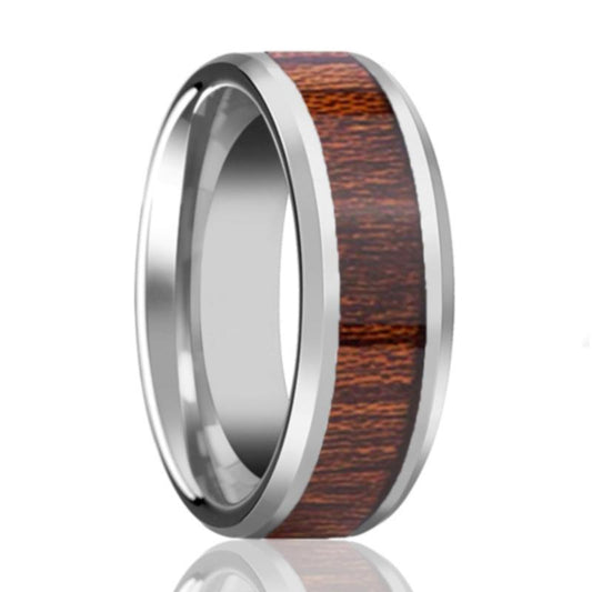 Tungsten Wedding Ring with Koa Wood Inlay Beveled Edge 8mm Tungsten Wedding Band