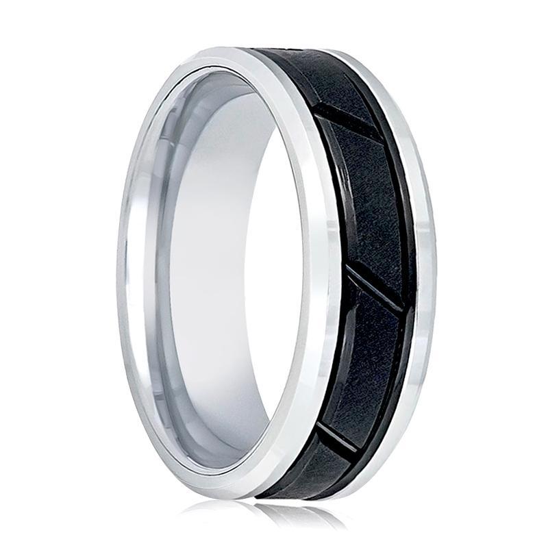 Mens Tungsten Band Two Tone Black Diagonal Gooved Center Design 8mm Tungsten Carbide Wedding Ring
