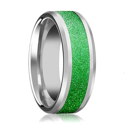 Tungsten Sparkling Green Inlay - Tungsten Wedding Band - Beveled - Polished Finish - 8mm - Tungsten Wedding Ring - AydinsJewelry