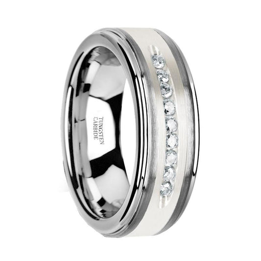 White Diamond Wedding Band - Tungsten Ring - Silver Tungsten - Silver Inlay Center - 9 Channel Set White Diamonds - Tungsten Wedding Band - AydinsJewelry