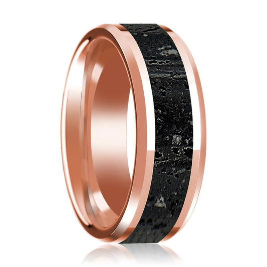 14K Wedding Band in Rose Gold with Lava Rock Inlay Beveled Edge Polished Design - AydinsJewelry