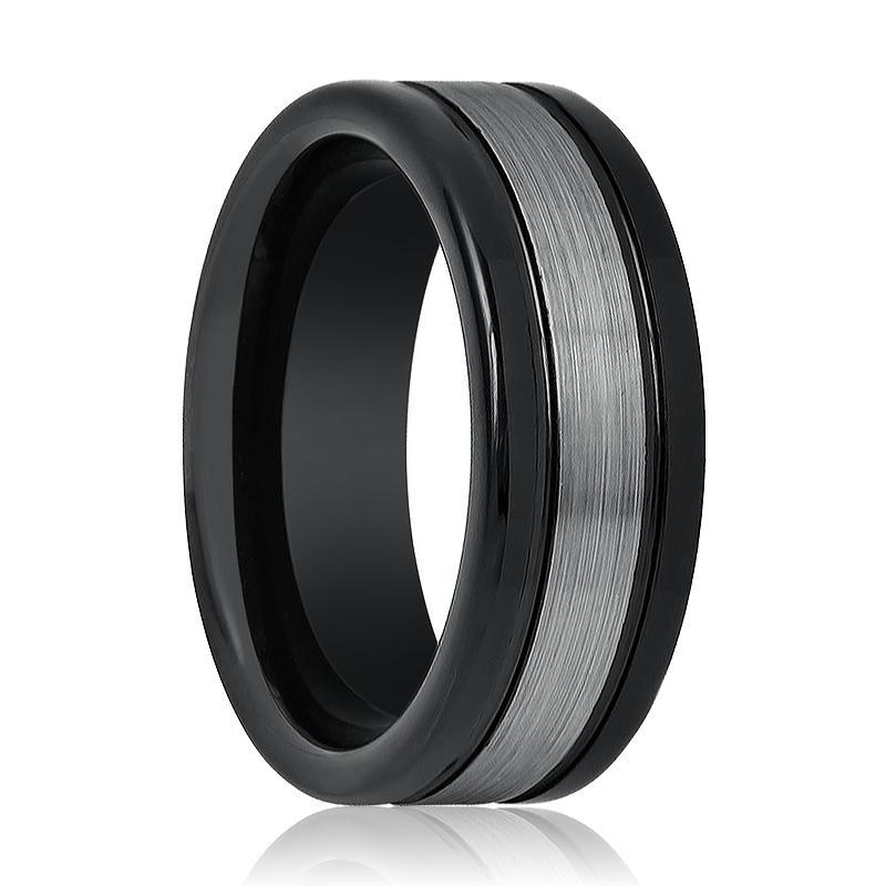 Tungsten Ring Black Shiny Sides w/ Grey Brushed Stripe Center Wedding Band 8mm Tungsten Carbide Wedding Ring